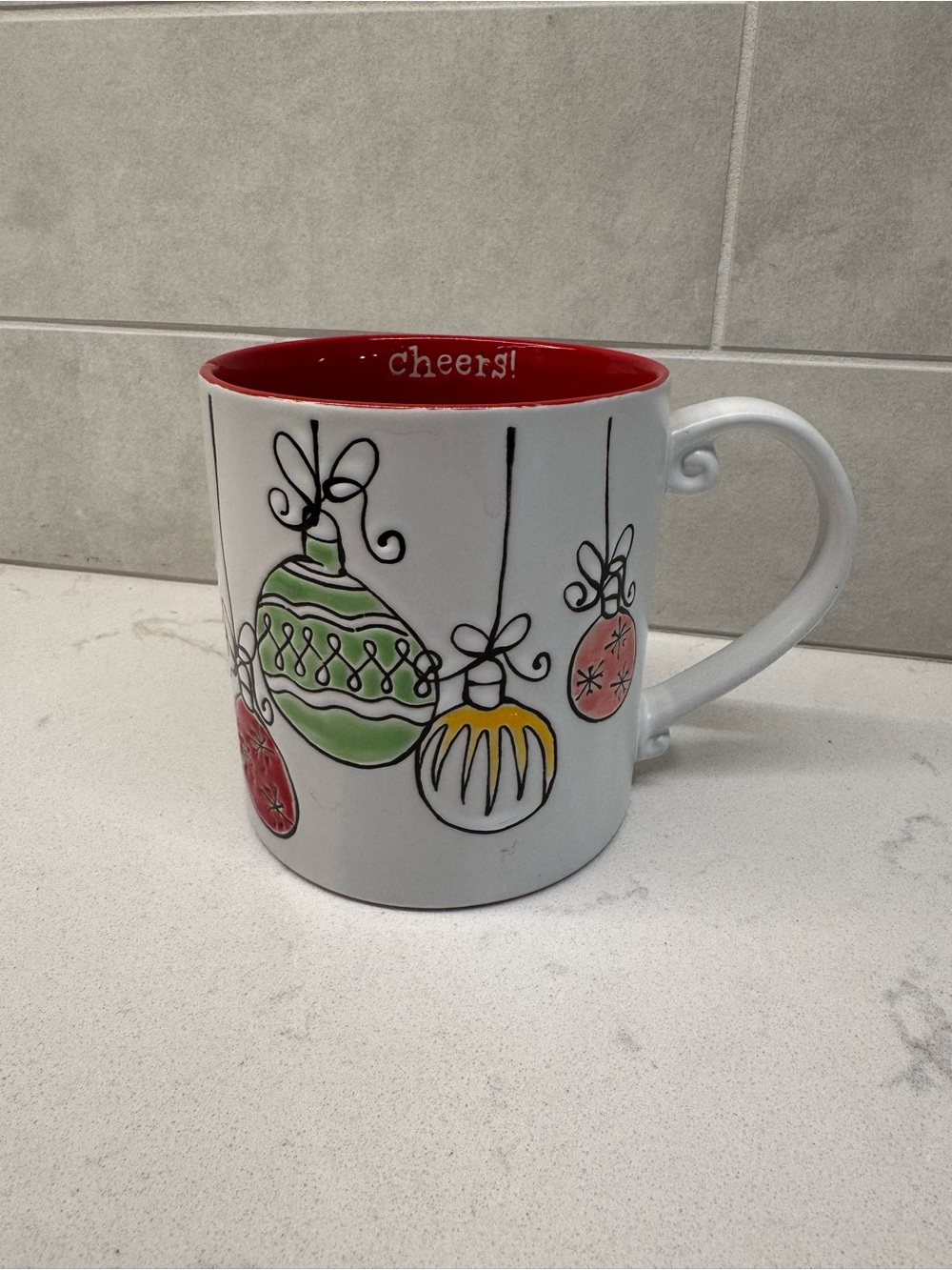 Festive Ornament Ceramic Mug - Red Interior “ Cheers!”